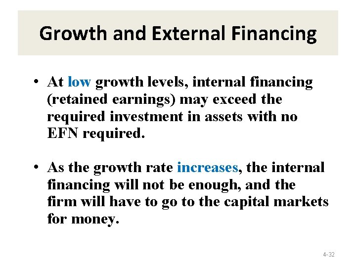 Growth and External Financing • At low growth levels, internal financing (retained earnings) may