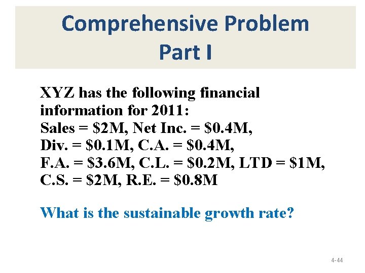 Comprehensive Problem Part I XYZ has the following financial information for 2011: Sales =