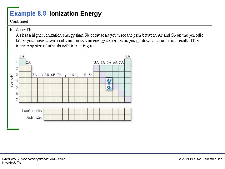 Example 8. 8 Ionization Energy Continued b. As or Sb As has a higher