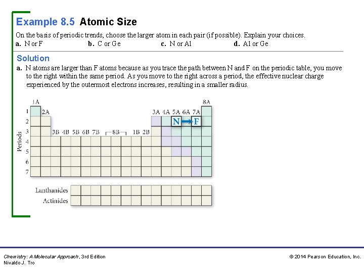 Example 8. 5 Atomic Size On the basis of periodic trends, choose the larger