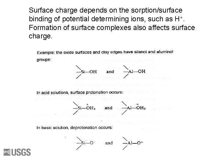 Surface charge depends on the sorption/surface binding of potential determining ions, such as H+.