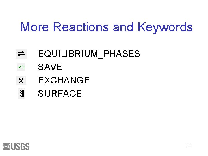 More Reactions and Keywords EQUILIBRIUM_PHASES SAVE EXCHANGE SURFACE 80 