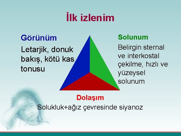 İlk izlenim Görünüm Letarjik, donuk bakış, kötü kas tonusu Solunum Belirgin sternal ve interkostal