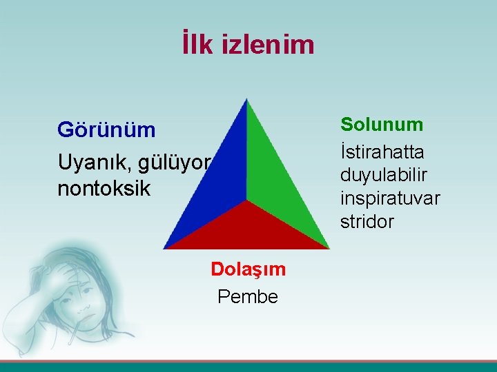 İlk izlenim Görünüm Uyanık, gülüyor, nontoksik Dolaşım Pembe Solunum İstirahatta duyulabilir inspiratuvar stridor 