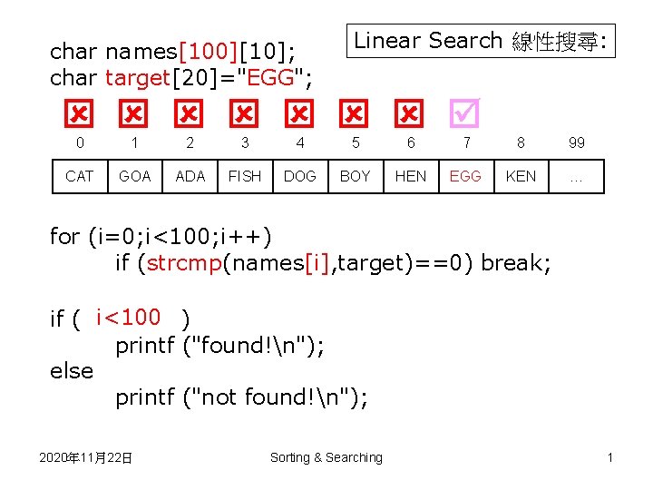 char names[100][10]; char target[20]="EGG"; Linear Search 線性搜尋: 0 1 2 3 4 5 6