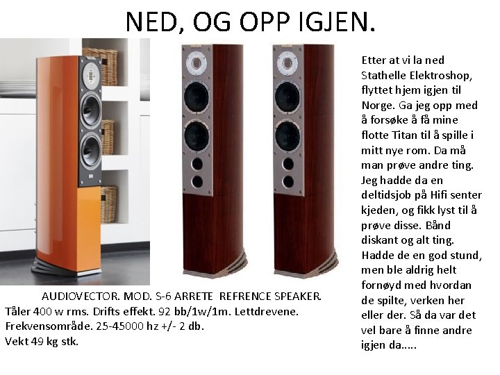 NED, OG OPP IGJEN. AUDIOVECTOR. MOD. S-6 ARRETE REFRENCE SPEAKER. Tåler 400 w rms. NED, OG OPP IGJEN. AUDIOVECTOR. MOD. S-6 ARRETE REFRENCE SPEAKER. Tåler 400 w rms.