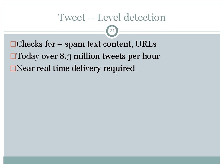 Tweet – Level detection 21 �Checks for – spam text content, URLs �Today over