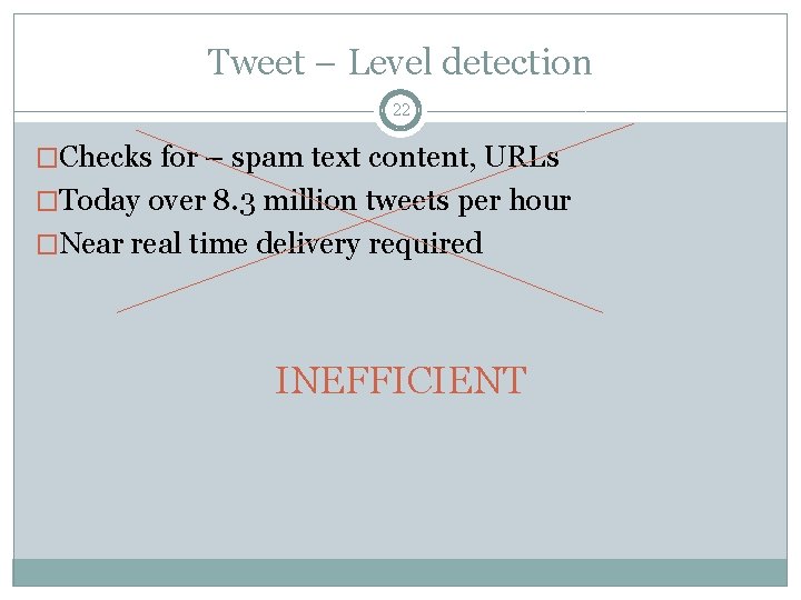 Tweet – Level detection 22 �Checks for – spam text content, URLs �Today over