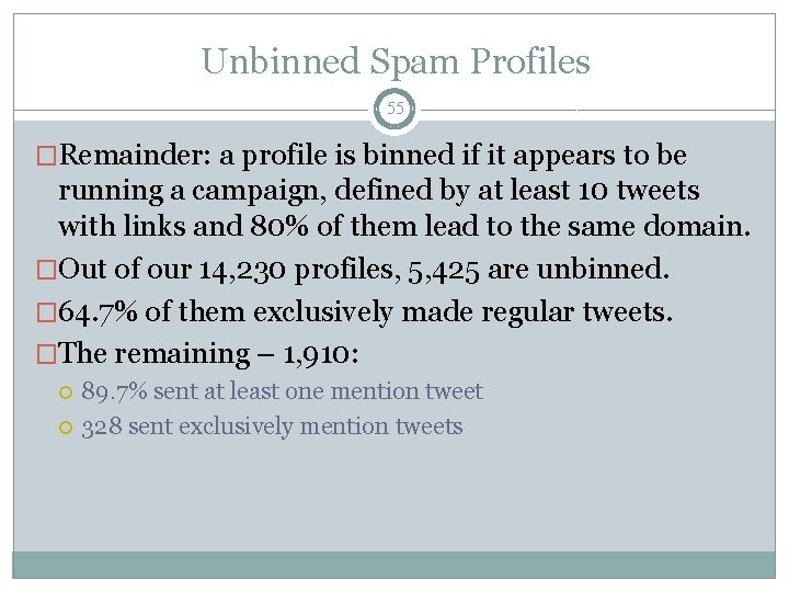 Unbinned Spam Profiles 55 �Remainder: a profile is binned if it appears to be