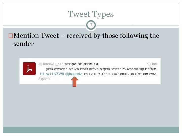 Tweet Types 7 �Mention Tweet – received by those following the sender 