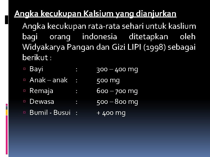 Angka kecukupan Kalsium yang dianjurkan Angka kecukupan rata-rata sehari untuk kaslium bagi orang indonesia