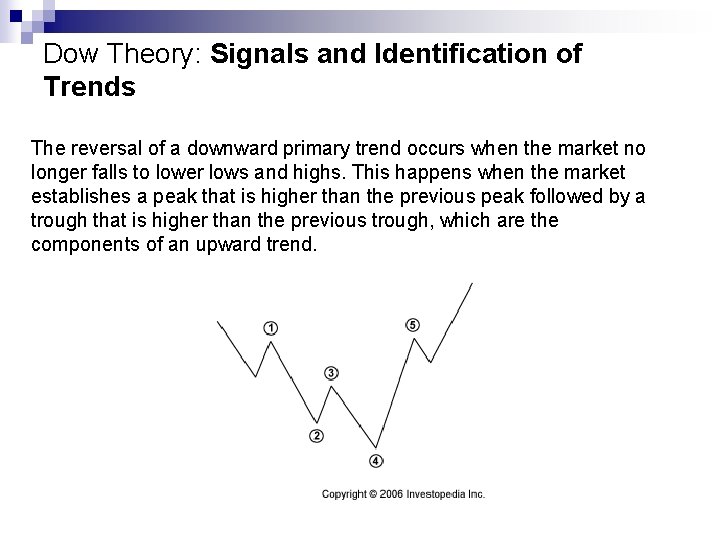 Dow Theory: Signals and Identification of Trends The reversal of a downward primary trend Dow Theory: Signals and Identification of Trends The reversal of a downward primary trend