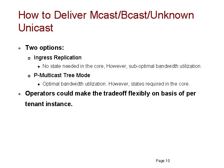 How to Deliver Mcast/Bcast/Unknown Unicast l Two options: p Ingress Replication n p P-Multicast How to Deliver Mcast/Bcast/Unknown Unicast l Two options: p Ingress Replication n p P-Multicast