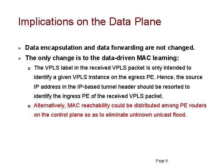 Implications on the Data Plane l Data encapsulation and data forwarding are not changed. Implications on the Data Plane l Data encapsulation and data forwarding are not changed.