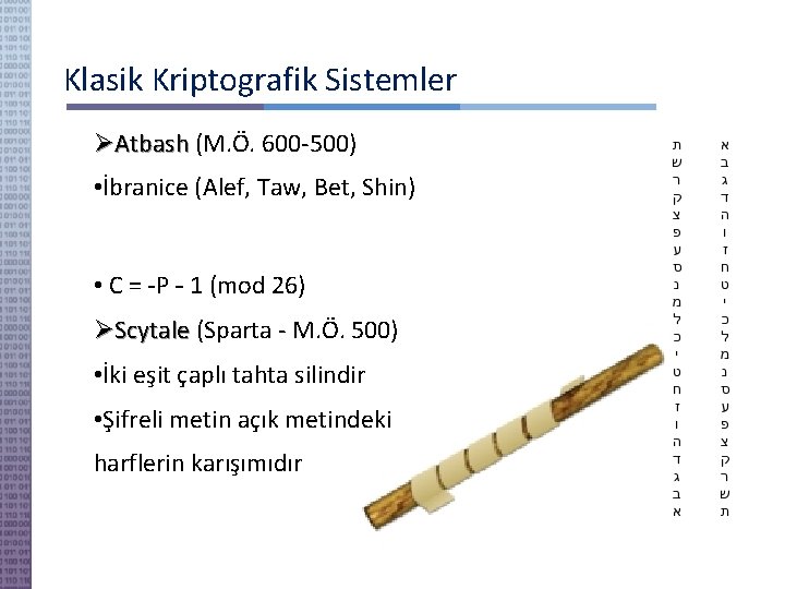 Klasik Kriptografik Sistemler Atbash (M. Ö. 600 -500) Atbash • İbranice (Alef, Taw, Bet,