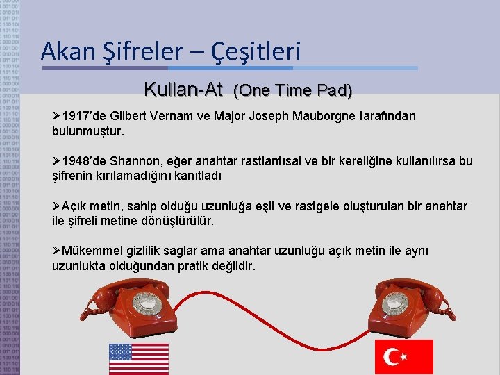 Akan Şifreler – Çeşitleri Kullan-At (One Time Pad) 1917’de Gilbert Vernam ve Major Joseph