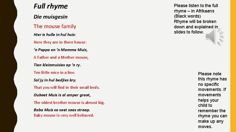 Full rhyme Die muisgesin The mouse family Hier is hulle in hul huis: Please