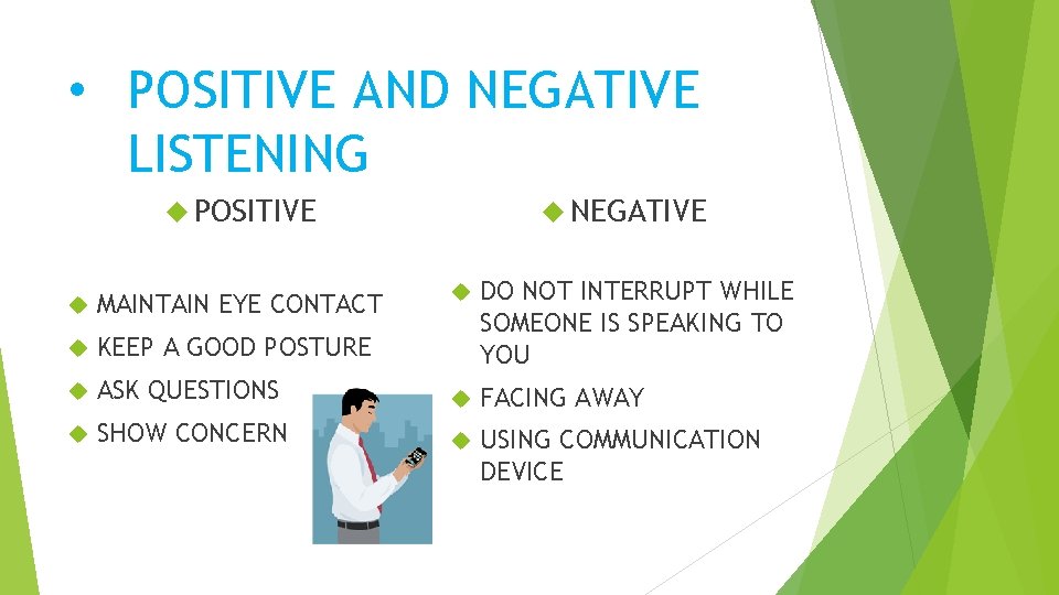  • POSITIVE AND NEGATIVE LISTENING NEGATIVE POSITIVE DO NOT INTERRUPT WHILE SOMEONE IS
