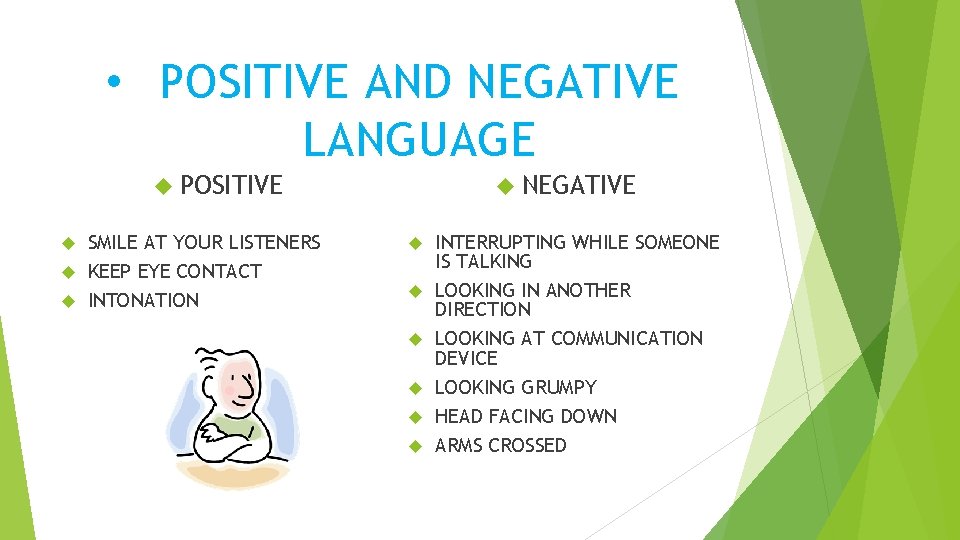  • POSITIVE AND NEGATIVE LANGUAGE NEGATIVE POSITIVE SMILE AT YOUR LISTENERS KEEP EYE