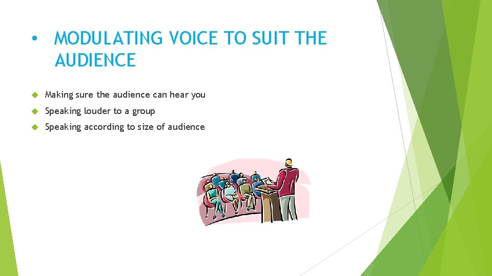  • MODULATING VOICE TO SUIT THE AUDIENCE Making sure the audience can hear