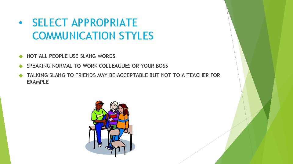  • SELECT APPROPRIATE COMMUNICATION STYLES NOT ALL PEOPLE USE SLANG WORDS SPEAKING NORMAL