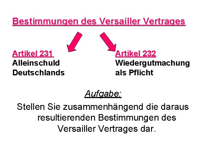 Bestimmungen des Versailler Vertrages Artikel 231 Alleinschuld Deutschlands Artikel 232 Wiedergutmachung als Pflicht Aufgabe: