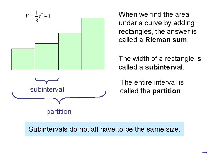When we find the area under a curve by adding rectangles, the answer is When we find the area under a curve by adding rectangles, the answer is