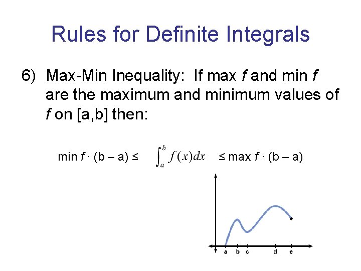 Rules for Definite Integrals 6) Max-Min Inequality: If max f and min f are Rules for Definite Integrals 6) Max-Min Inequality: If max f and min f are