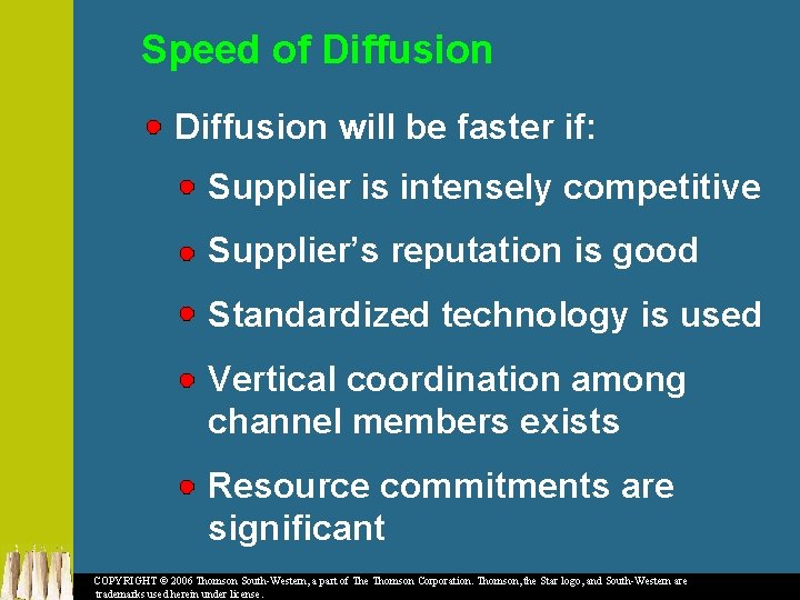 Speed of Diffusion will be faster if: Supplier is intensely competitive Supplier’s reputation is
