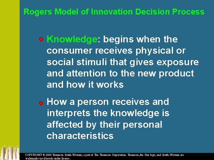 Rogers Model of Innovation Decision Process Knowledge: begins when the consumer receives physical or