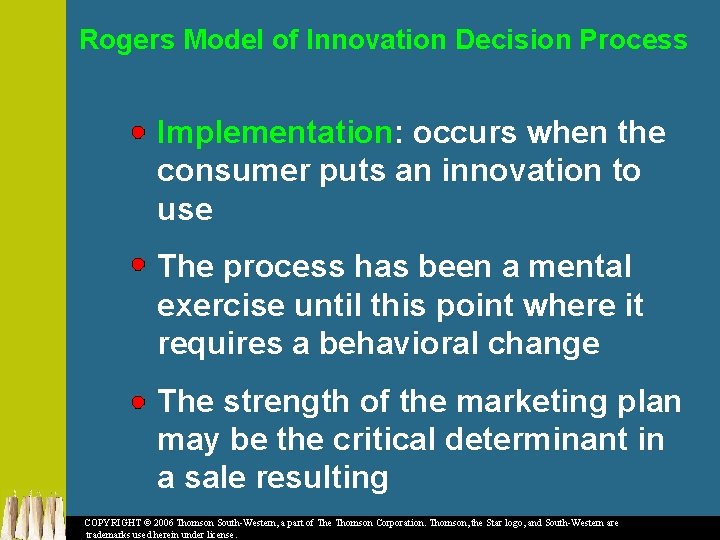 Rogers Model of Innovation Decision Process Implementation: occurs when the consumer puts an innovation
