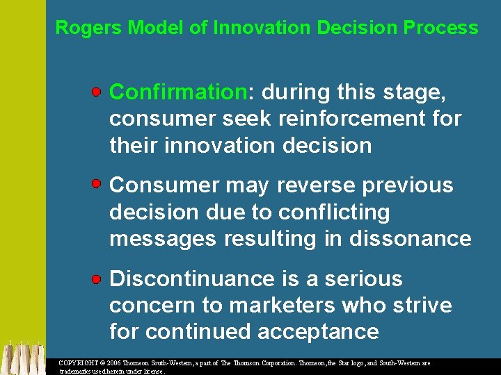 Rogers Model of Innovation Decision Process Confirmation: during this stage, consumer seek reinforcement for