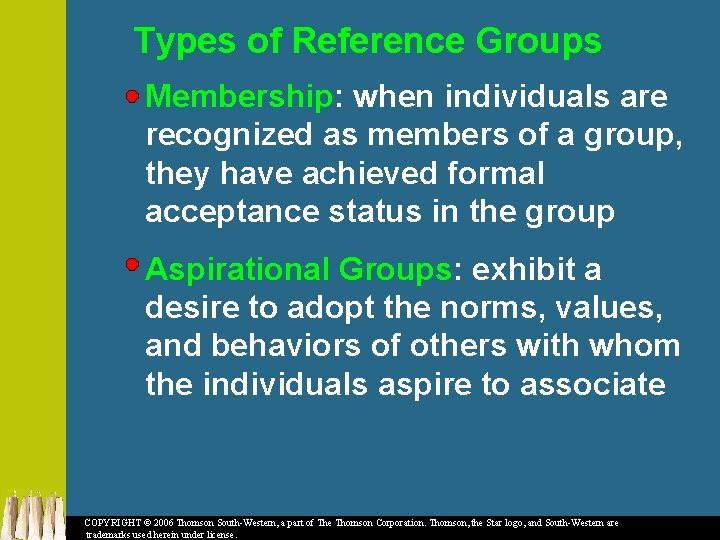 Types of Reference Groups Membership: when individuals are recognized as members of a group,