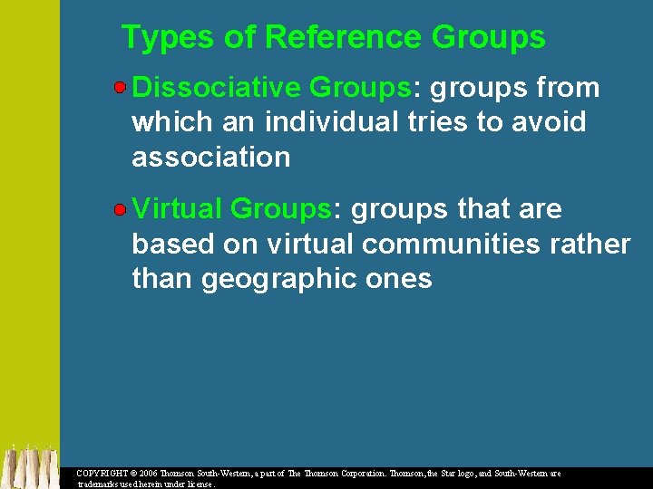 Types of Reference Groups Dissociative Groups: groups from which an individual tries to avoid