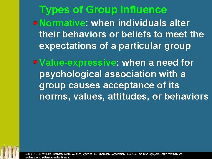 Types of Group Influence Normative: when individuals alter their behaviors or beliefs to meet