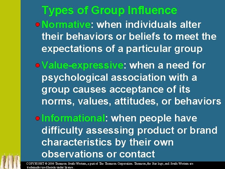 Types of Group Influence Normative: when individuals alter their behaviors or beliefs to meet