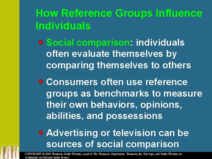 How Reference Groups Influence Individuals Social comparison: individuals often evaluate themselves by comparing themselves