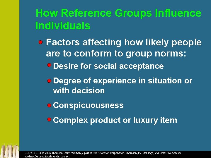 How Reference Groups Influence Individuals Factors affecting how likely people are to conform to