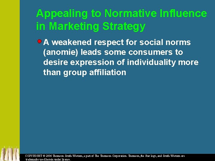 Appealing to Normative Influence in Marketing Strategy A weakened respect for social norms (anomie)