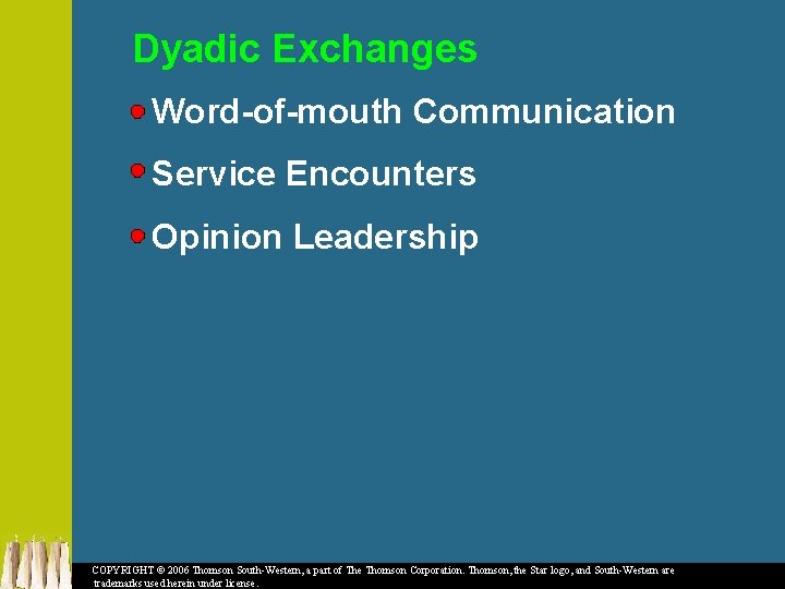 Dyadic Exchanges Word-of-mouth Communication Service Encounters Opinion Leadership COPYRIGHT © 2006 Thomson South-Western, a