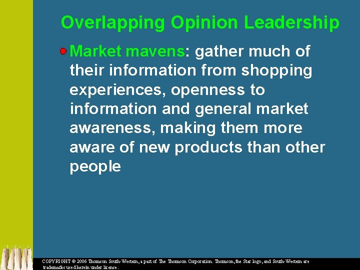 Overlapping Opinion Leadership Market mavens: gather much of their information from shopping experiences, openness