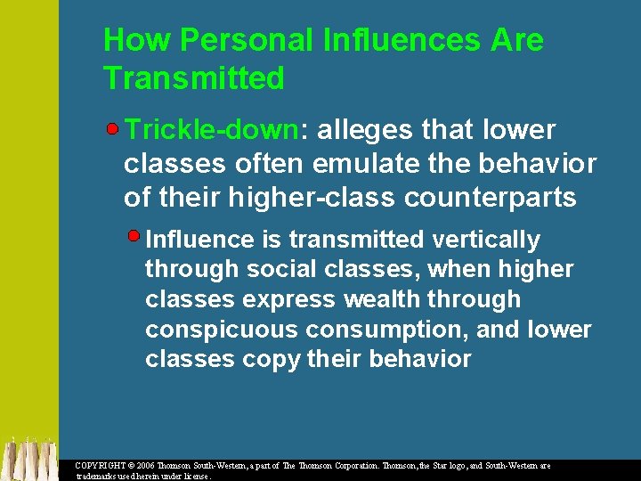 How Personal Influences Are Transmitted Trickle-down: alleges that lower classes often emulate the behavior