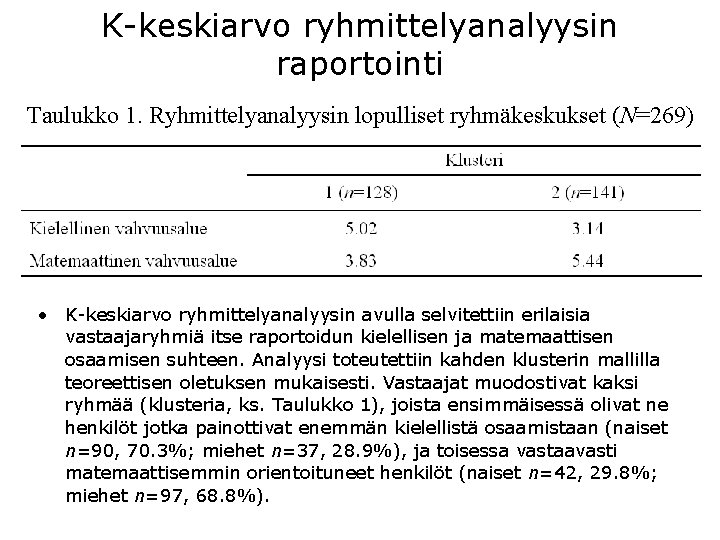 K-keskiarvo ryhmittelyanalyysin raportointi Taulukko 1. Ryhmittelyanalyysin lopulliset ryhmäkeskukset (N=269) • K-keskiarvo ryhmittelyanalyysin avulla selvitettiin