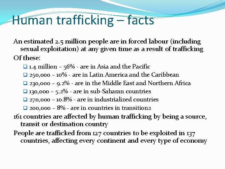 Human trafficking – facts An estimated 2. 5 million people are in forced labour