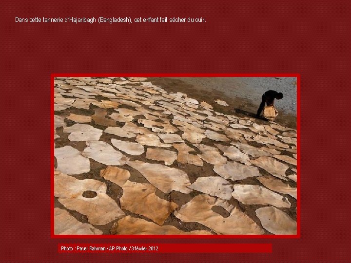 Dans cette tannerie d’Hajaribagh (Bangladesh), cet enfant fait sécher du cuir. Photo : Pavel