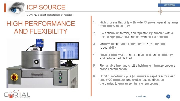 ICP SOURCE 11/22/2020 CORIAL’s latest generation of reactor HIGH PERFORMANCE AND FLEXIBILITY 1. High