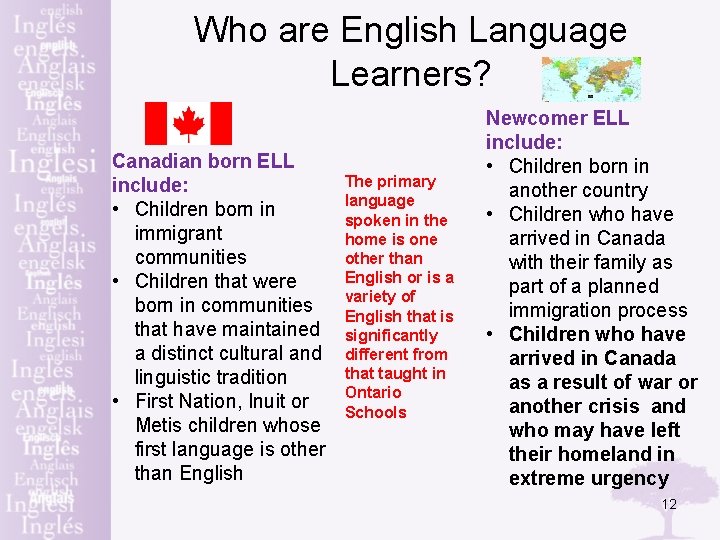 Who are English Language Learners? Canadian born ELL include: • Children born in immigrant