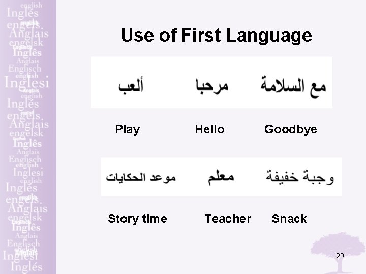 Use of First Language Play Story time Hello Teacher Goodbye Snack 29 