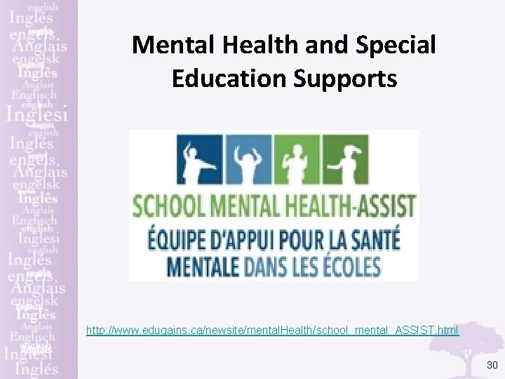 Mental Health and Special Education Supports http: //www. edugains. ca/newsite/mental. Health/school_mental_ASSIST. html 30 