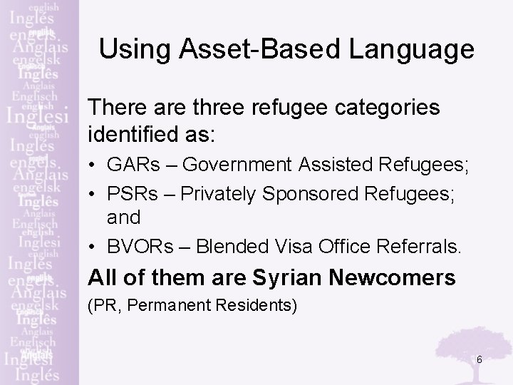 Using Asset-Based Language There are three refugee categories identified as: • GARs – Government